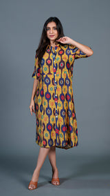 Yellow Ikkat Print Cotton Silk Shirt Dress