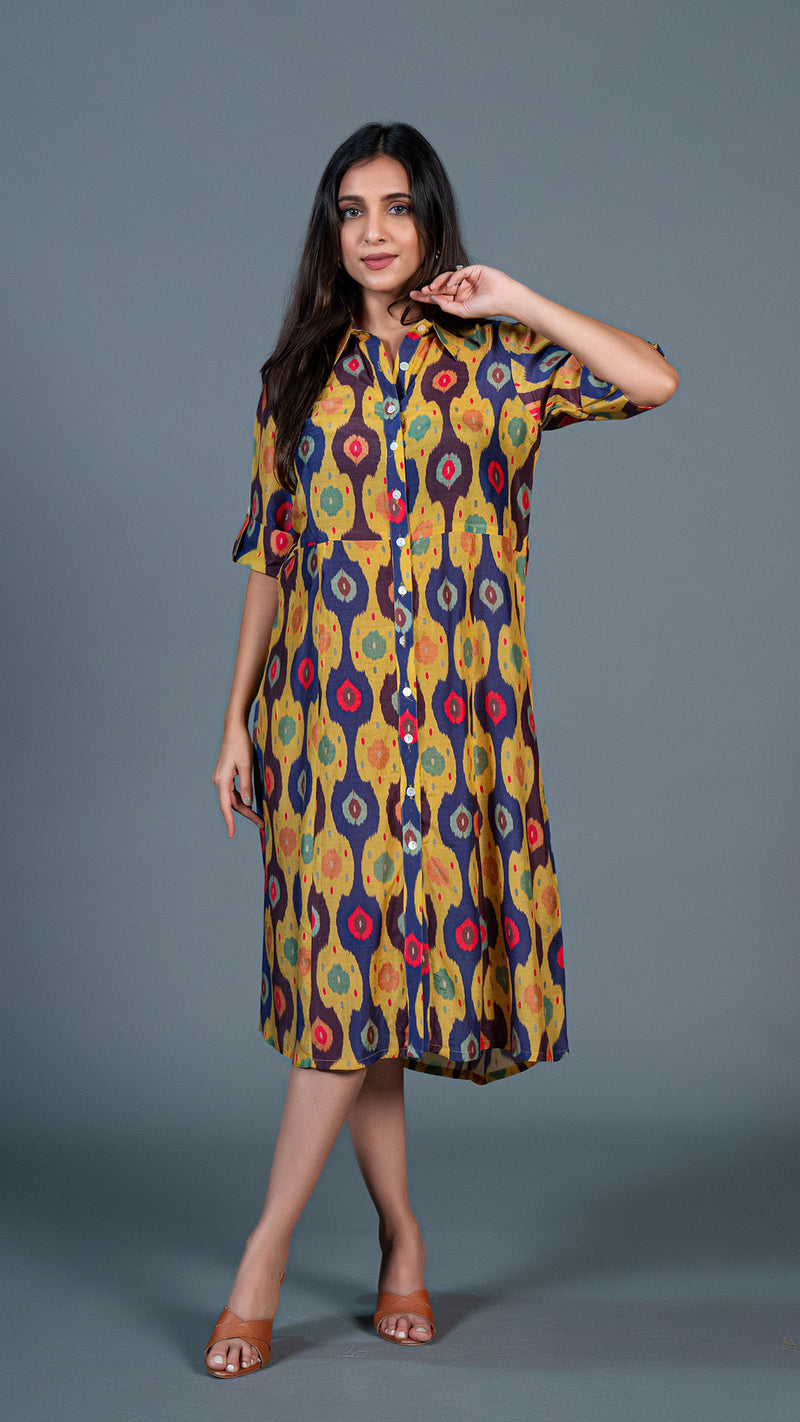 Yellow Ikkat Print Cotton Silk Shirt Dress