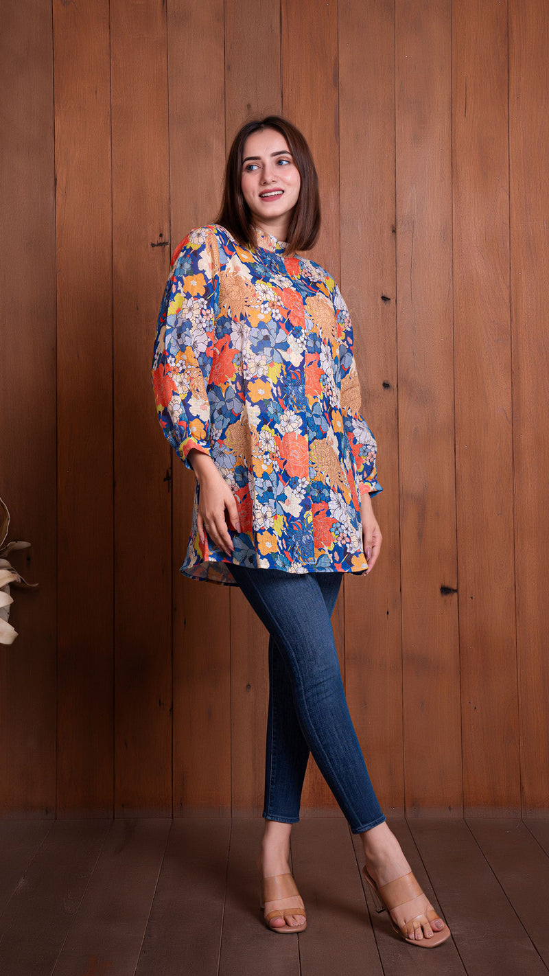 Floral Illusion Linen Short Top - Blue