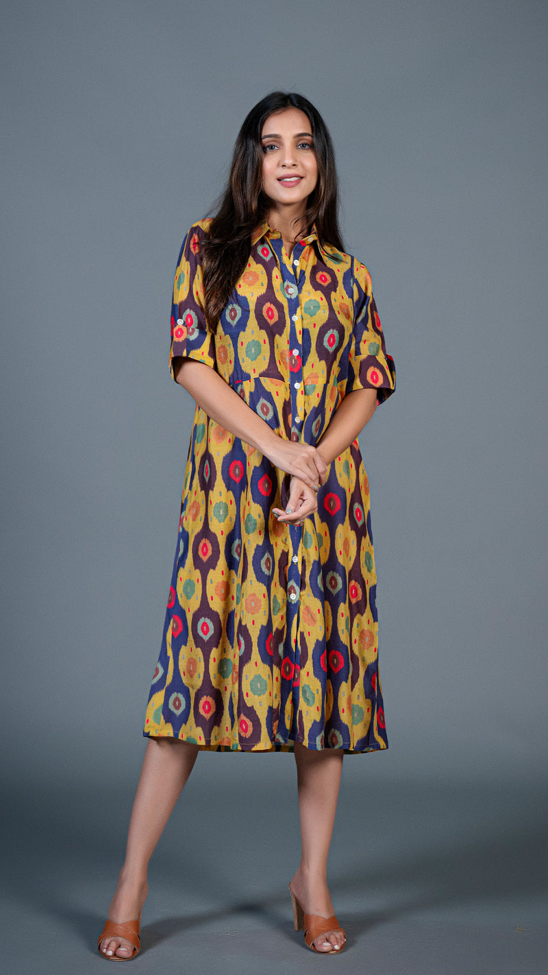 Yellow Ikkat Print Cotton Silk Shirt Dress