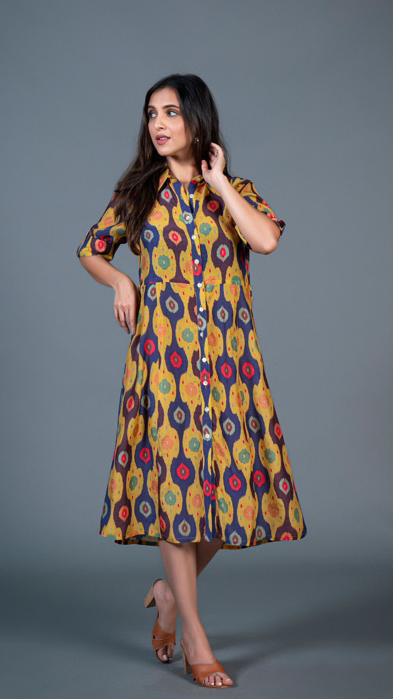 Yellow Ikkat Print Cotton Silk Shirt Dress