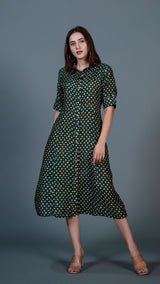 Dark Green Bandhani Print Cotton Silk Shirt Dress