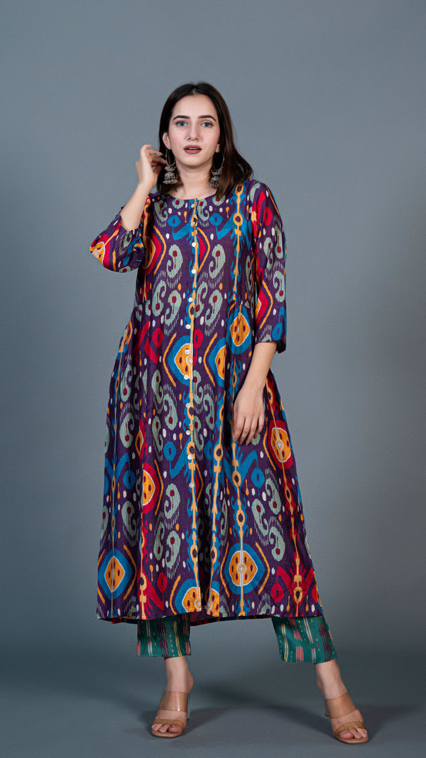 Purple Ikkat Print Pleated Kurta In Cotton Silk