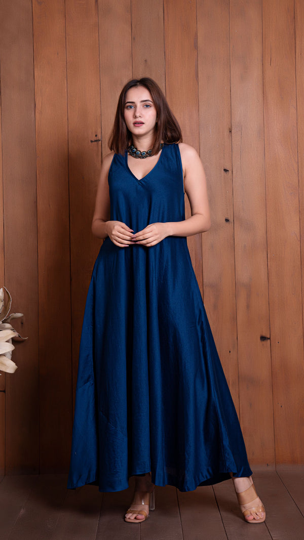 Navy Blue Halter Neck Flared Dress In Chanderi Silk