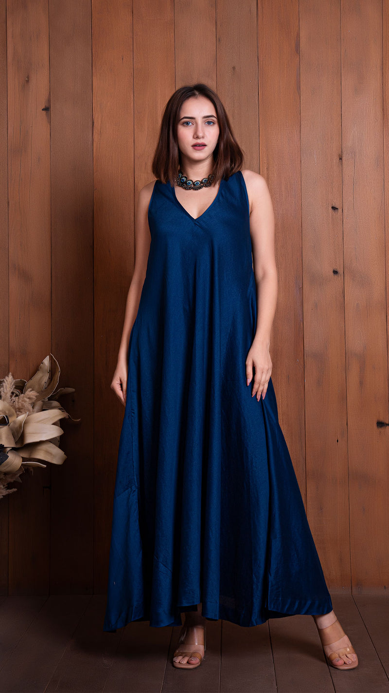 Navy Blue Halter Neck Flared Dress In Chanderi Silk