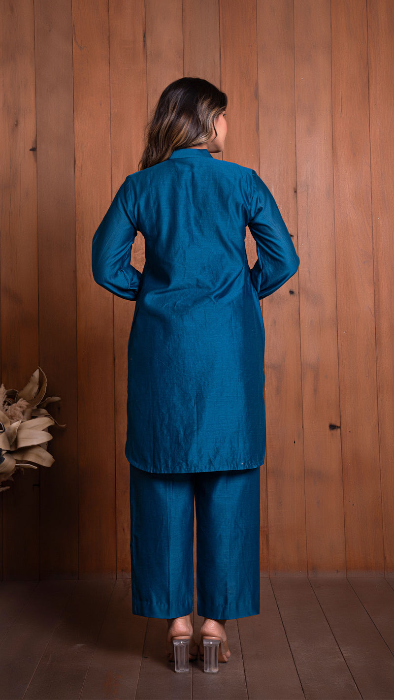 Solid Chanderi Co-ord Set - Peacock Blue