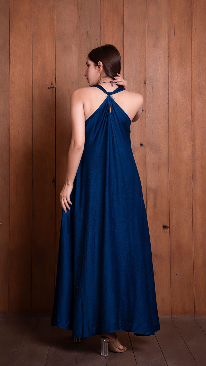 Navy Blue Halter Neck Flared Dress In Chanderi Silk