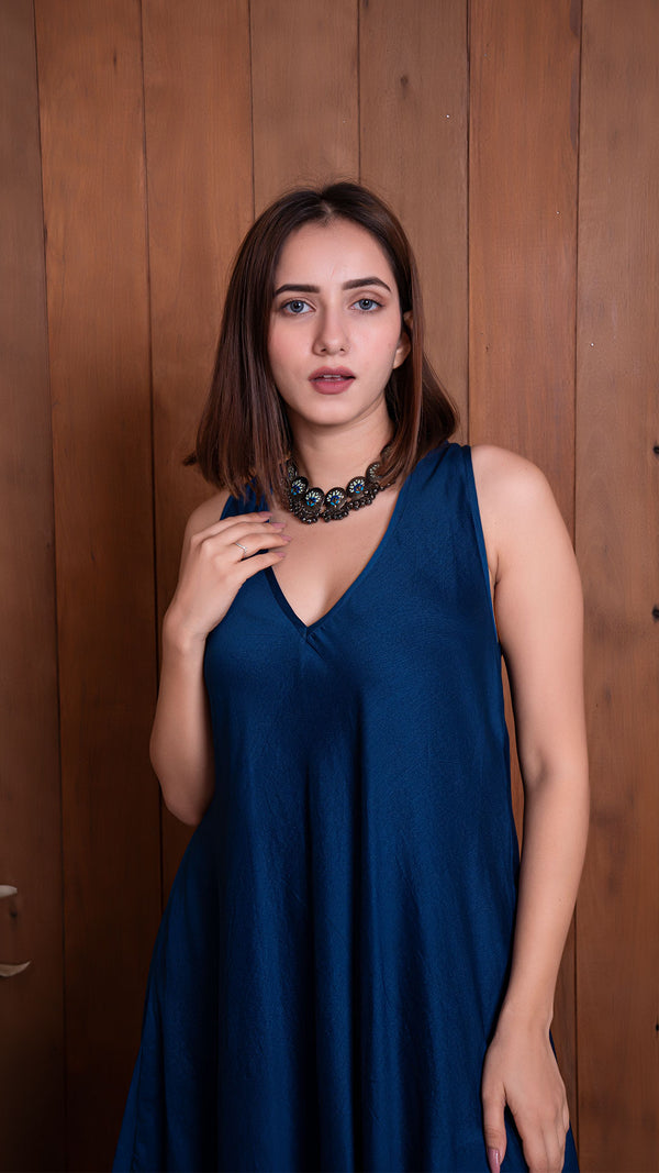 Navy Blue Halter Neck Flared Dress In Chanderi Silk