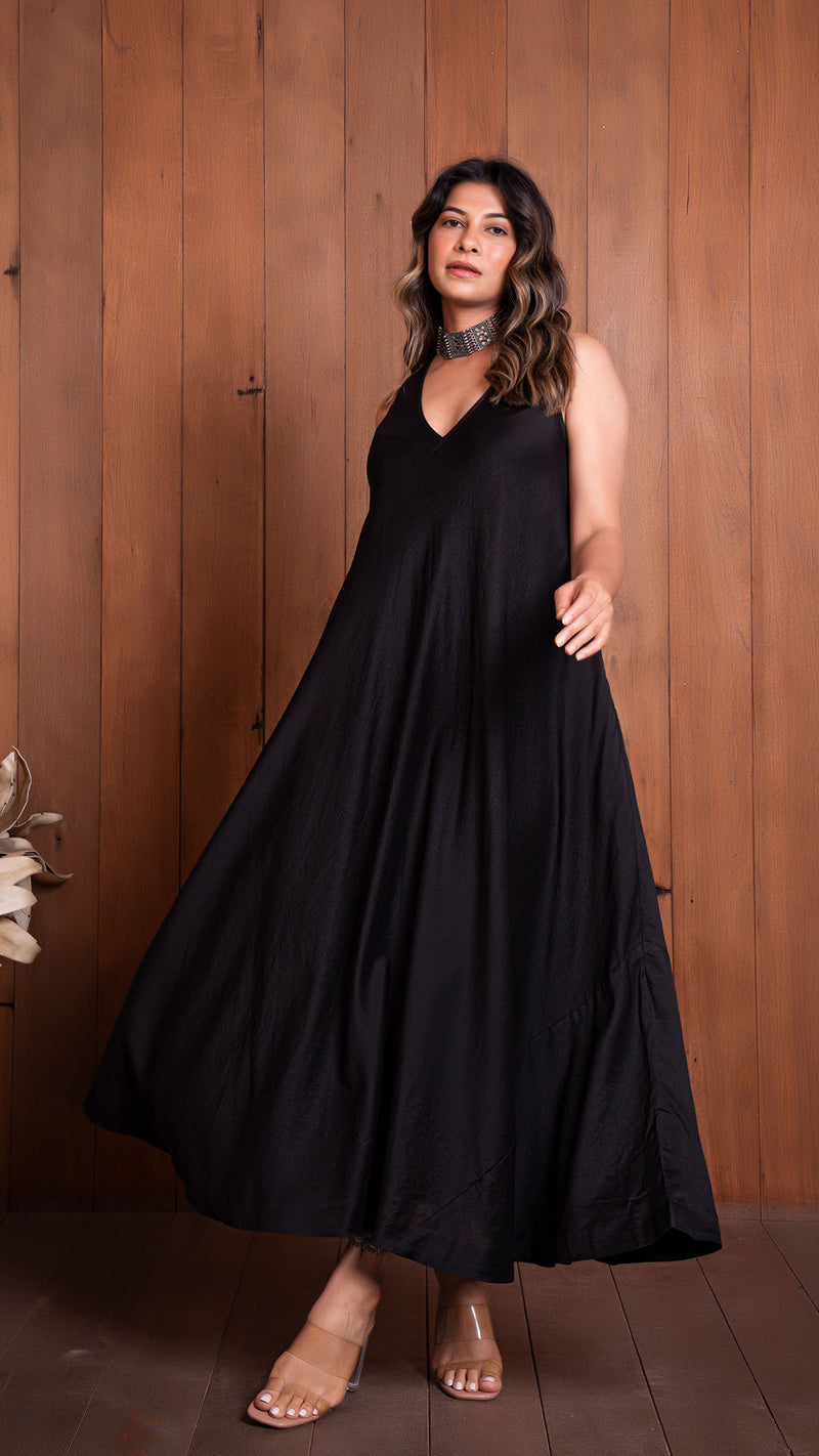 Black Halter Neck Flared Dress In Chanderi Silk EeshvaIndia Black Halter Neck Flared Dress In Chanderi Silk EeshvaIndia