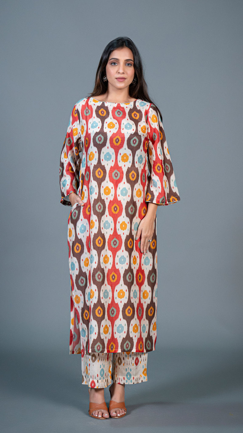 Off White Ikkat Print Kurta In Cotton Silk