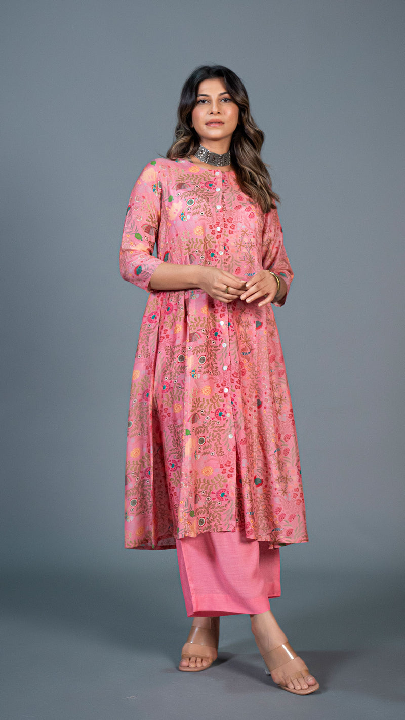 Blush Pink Under The Sea Print Pleated Kurta In Cotton Silk