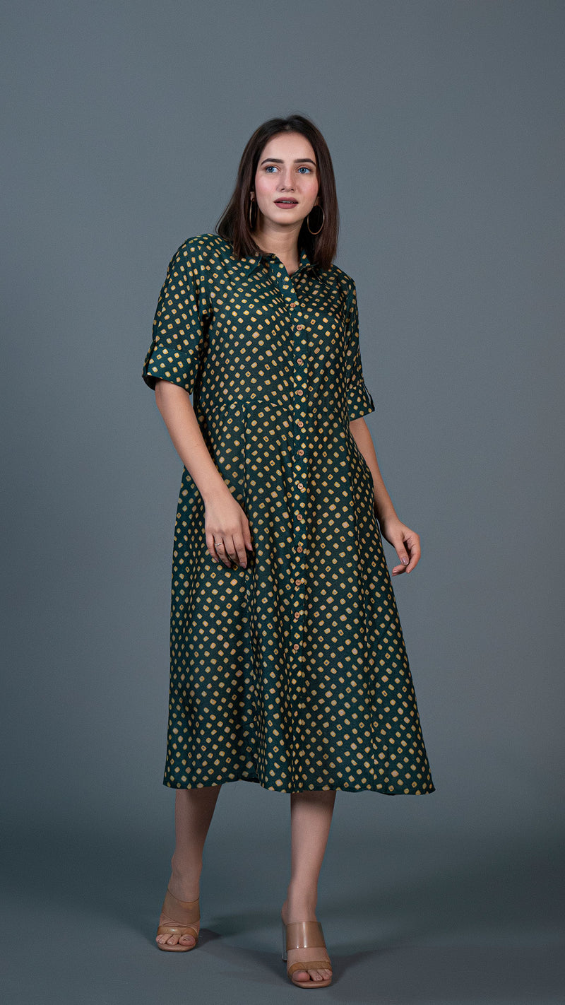 Dark Green Bandhani Print Cotton Silk Shirt Dress