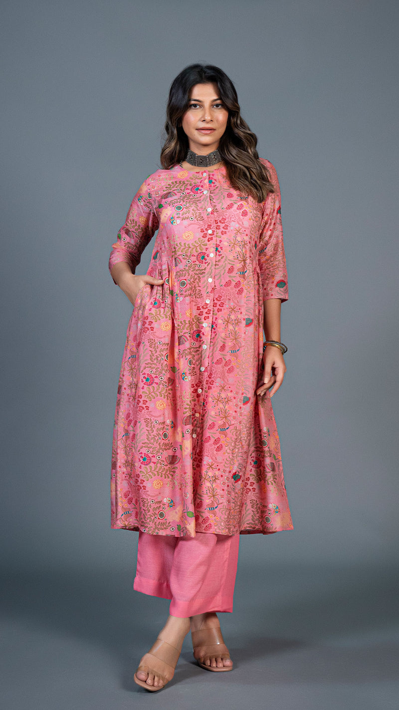 Blush Pink Under The Sea Print Pleated Kurta In Cotton Silk