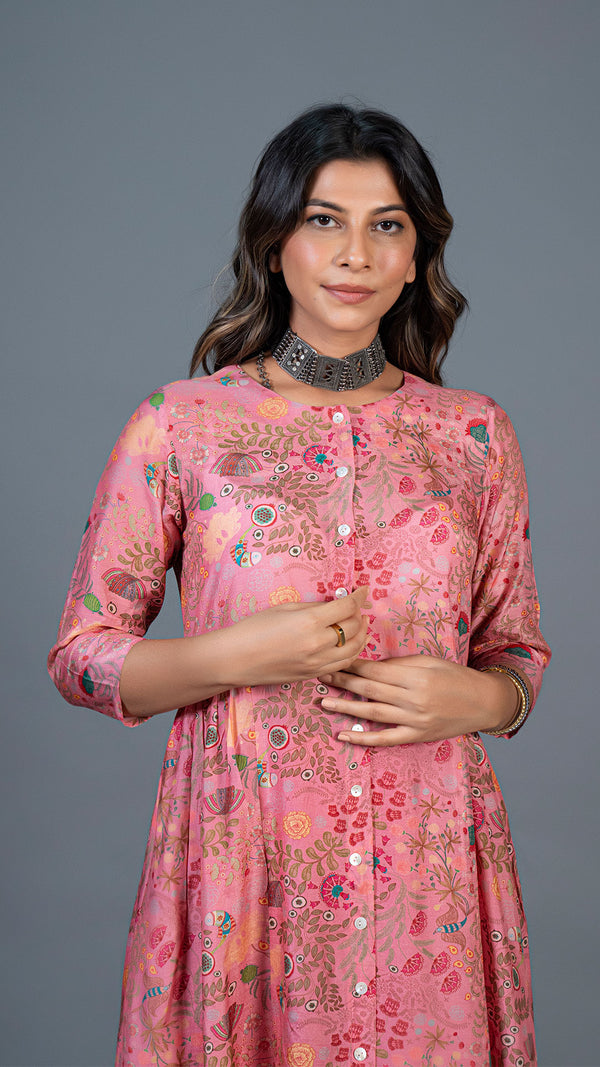 Blush Pink Under The Sea Print Pleated Kurta In Cotton Silk