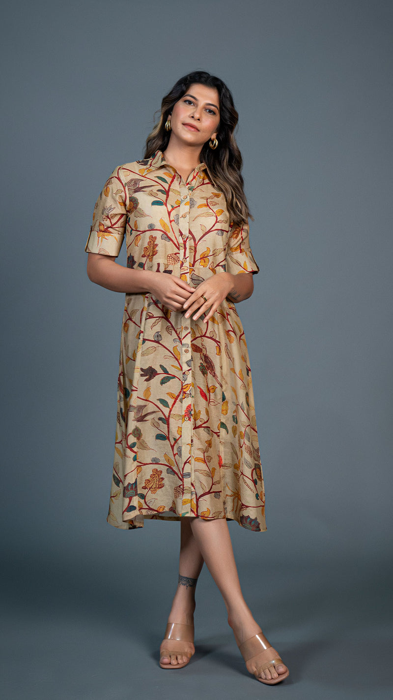 Beige Kalamkari Cotton Silk Shirt Dress