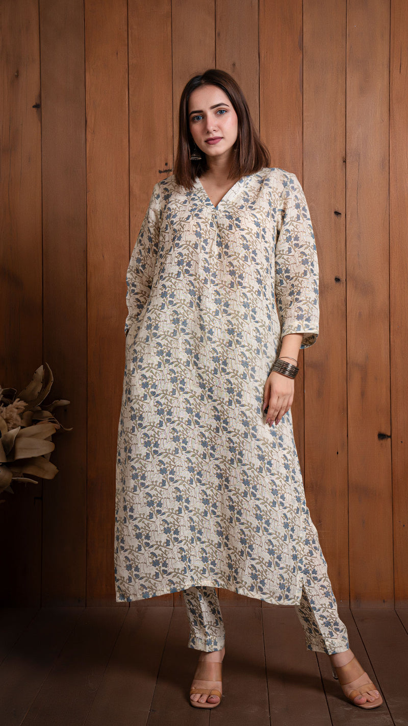 Off White Dove Print Pure Linen Kurta