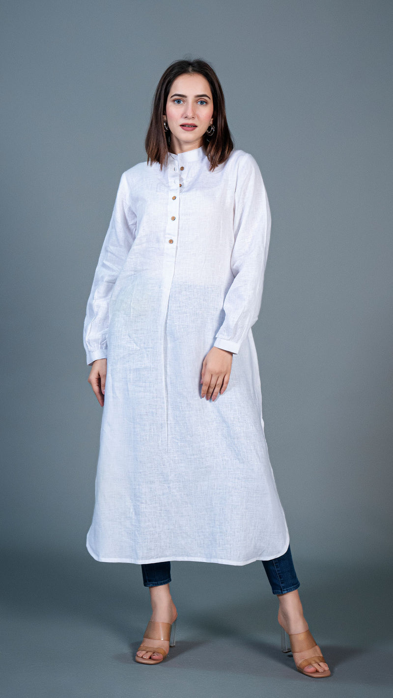 White Jabha Style Linen Kurta