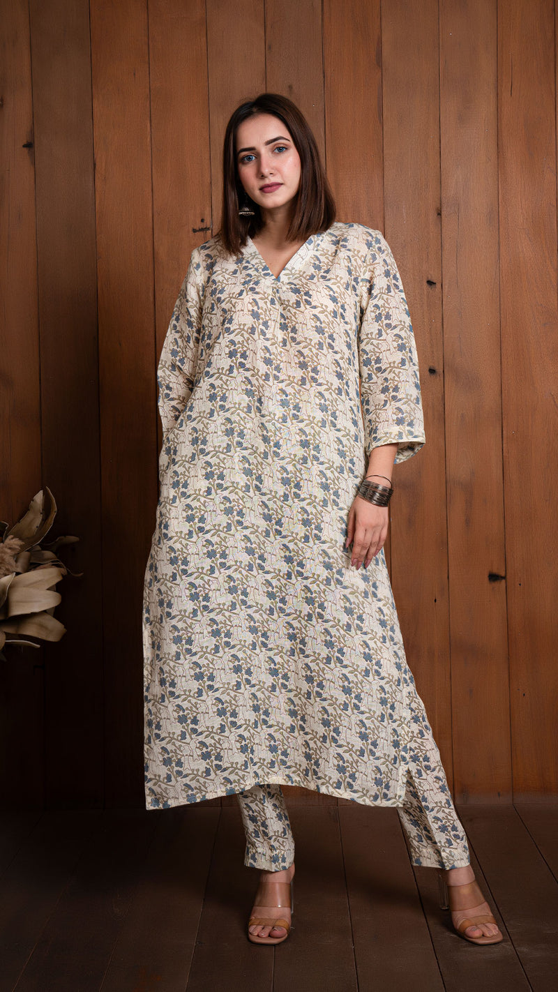 Off White Dove Print Pure Linen Kurta