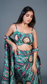 Green Ikkat Print Drape Skirt Set In Cotton Silk