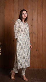 Off White Dove Print Pure Linen Kurta