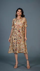 Beige Kalamkari Cotton Silk Shirt Dress