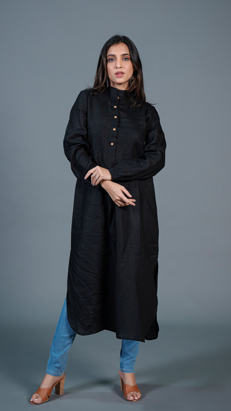 Black Jabha Style Linen Kurta