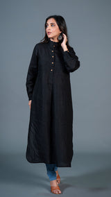 Black Jabha Style Linen Kurta