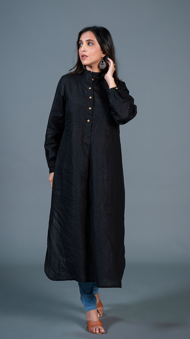 Black Jabha Style Linen Kurta