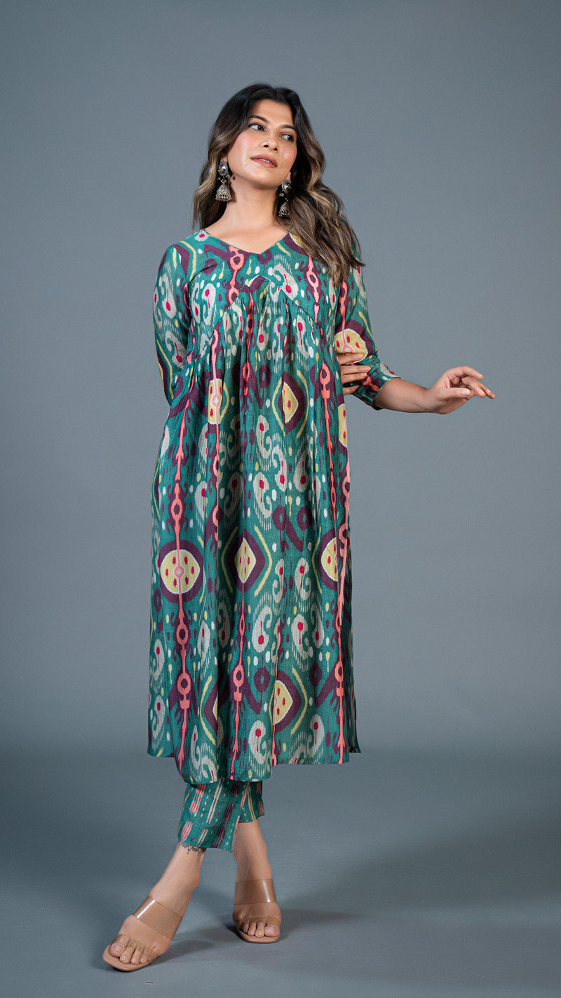 Green Ikkat Print Pleated Kurta In Cotton Silk