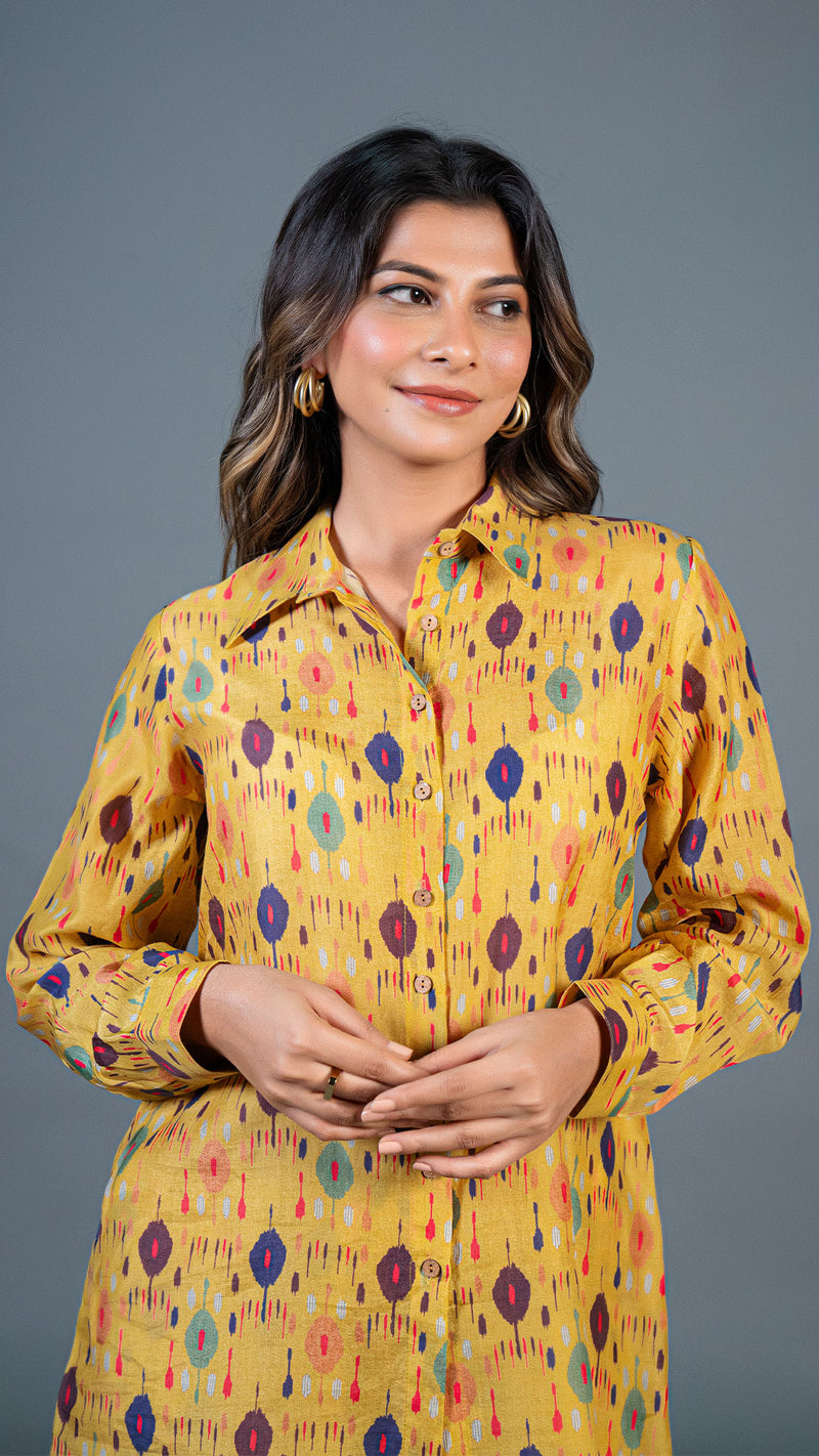 Yellow Ikkat Print Co-ord Set In Cotton Silk