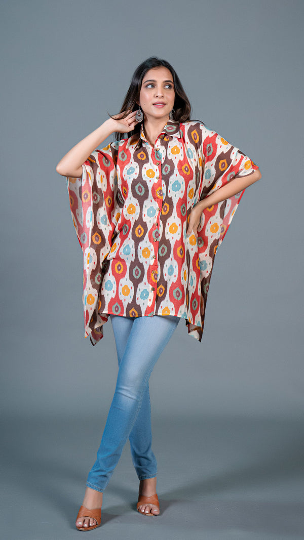 Off White Ikkat Print Short Kaftan Top In Cotton Silk