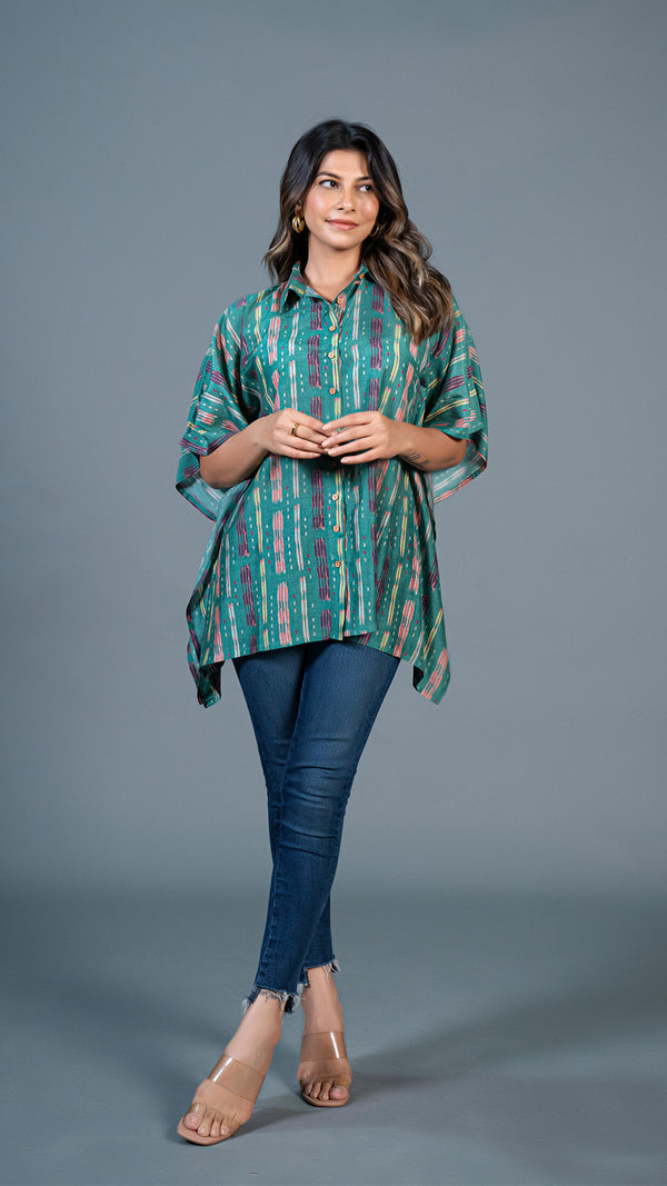 Green Ikkat Print Short Kaftan Top In Cotton Silk