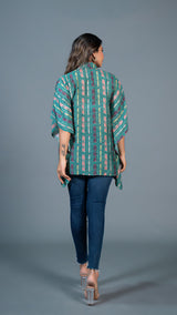 Green Ikkat Print Short Kaftan Top In Cotton Silk