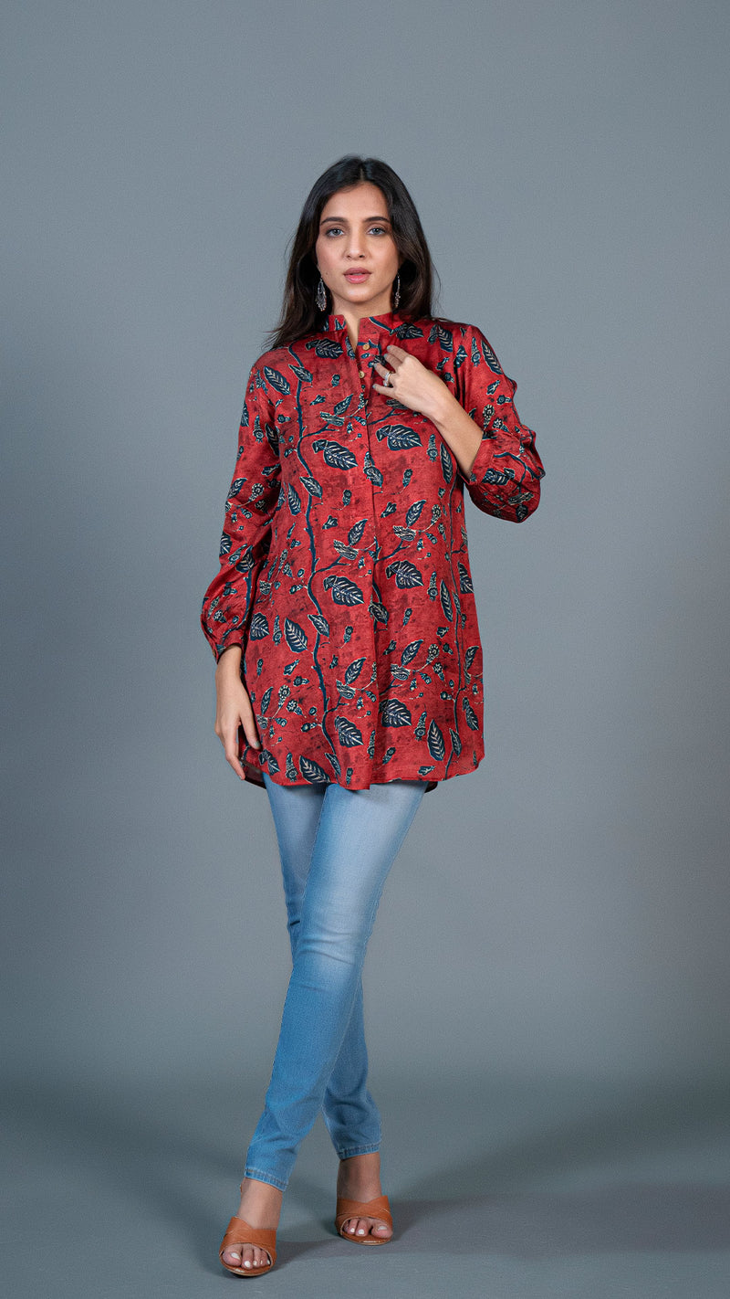 Deep Red Floral Print Short Top In Modal Satin Silk