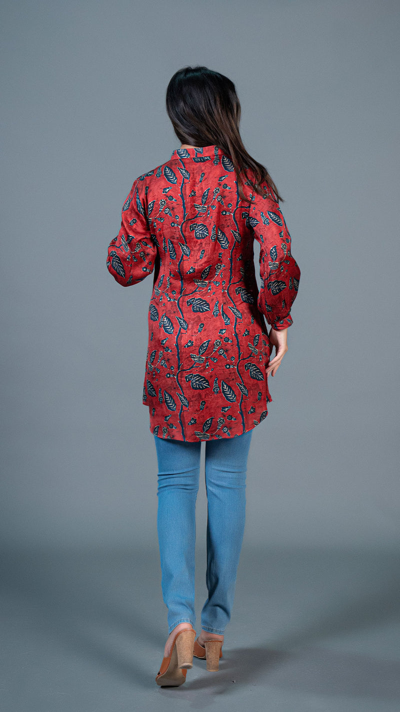 Deep Red Floral Print Short Top In Modal Satin Silk