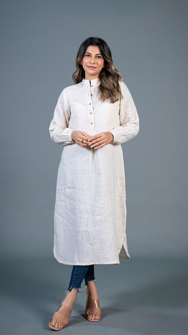 Beige Jabha Style Linen Kurta