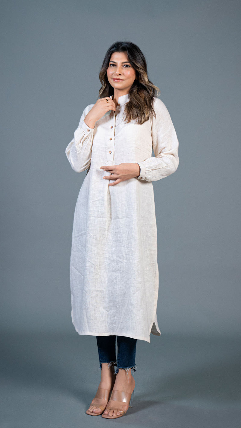 Beige Jabha Style Linen Kurta