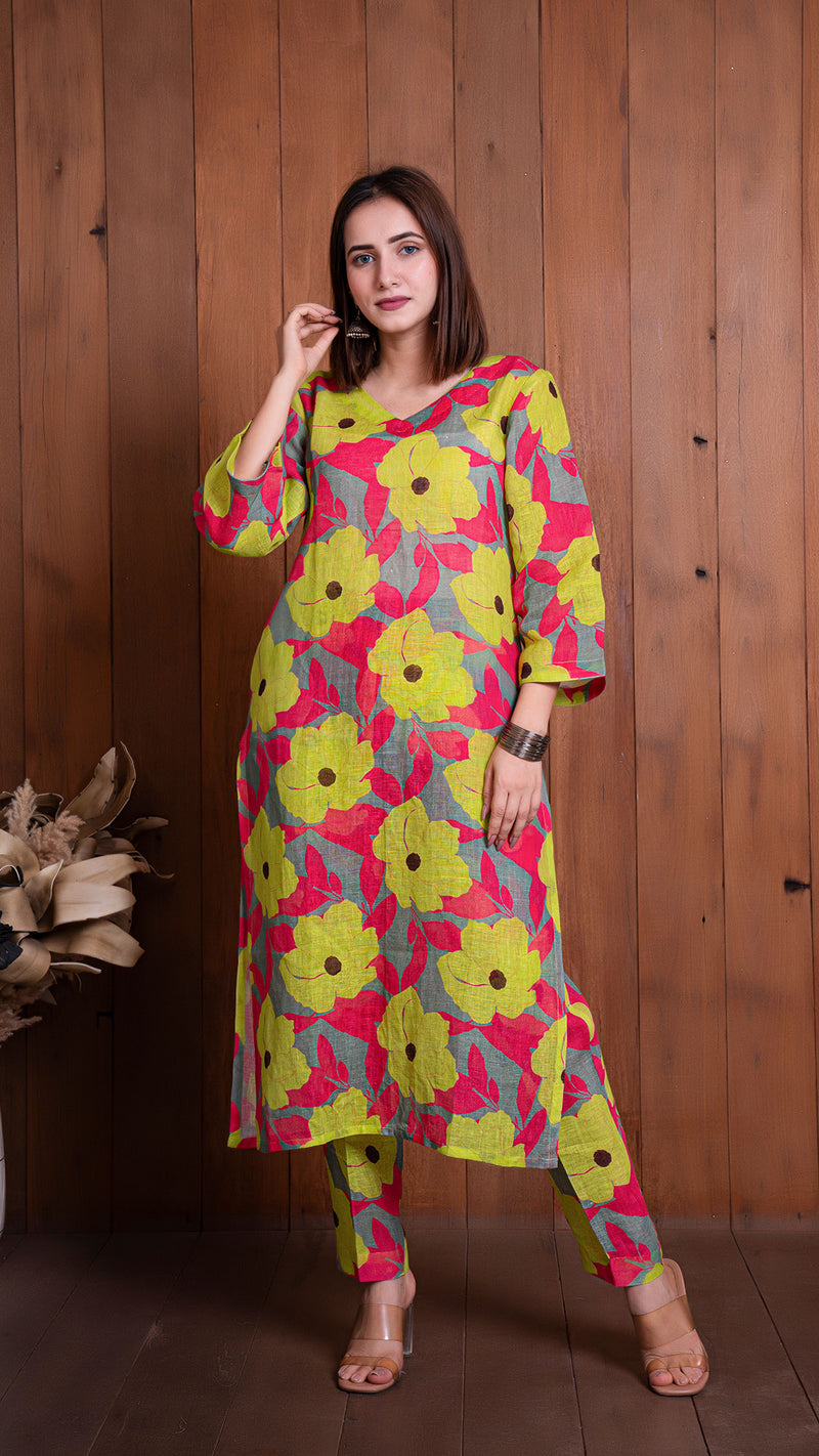 Garden Of Dreams Pure Linen Kurta - Yellow/Pink