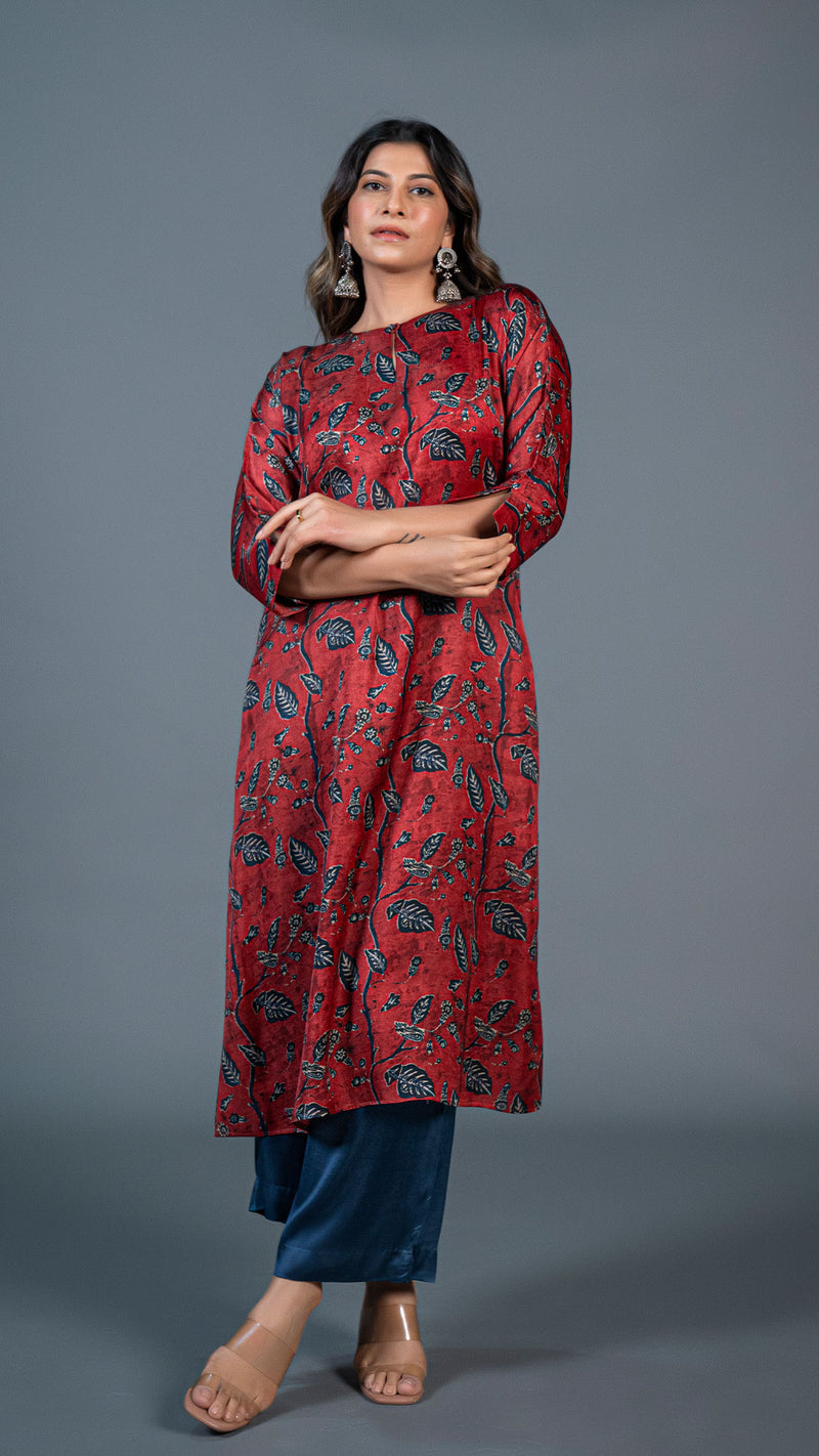 Red leafy print A line Kurta + Indigo Pants In Modal Silk