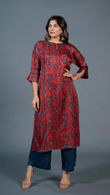 Red leafy print A line Kurta + Indigo Pants In Modal Silk