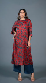 Red leafy print A line Kurta + Indigo Pants In Modal Silk