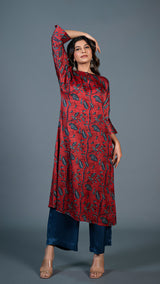 Red leafy print A line Kurta + Indigo Pants In Modal Silk