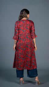 Red leafy print A line Kurta + Indigo Pants In Modal Silk