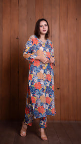 Floral Illusion Pure Linen Kurta - Blue/Multi