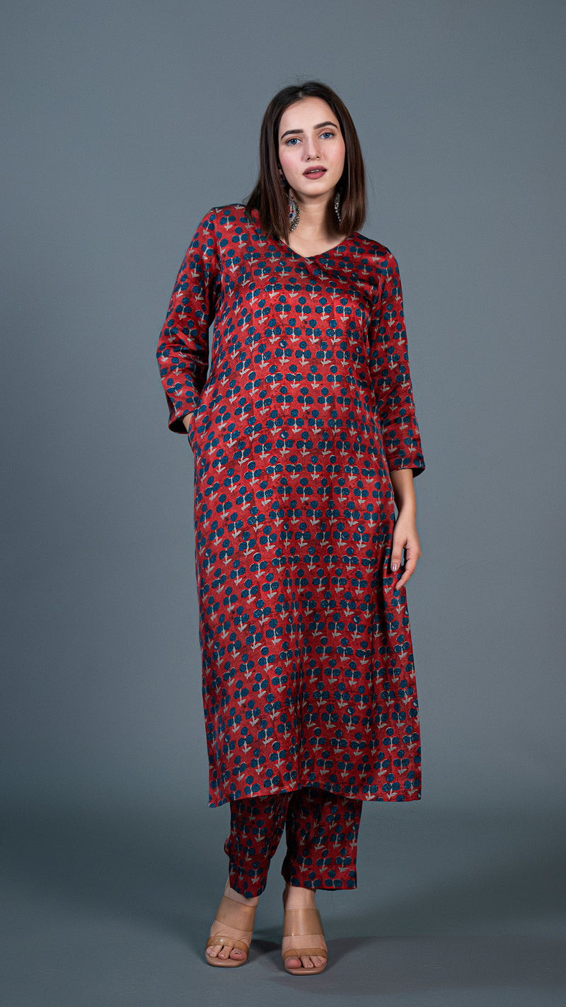 Deep Red Small Flower Print Kurta In Modal Silk