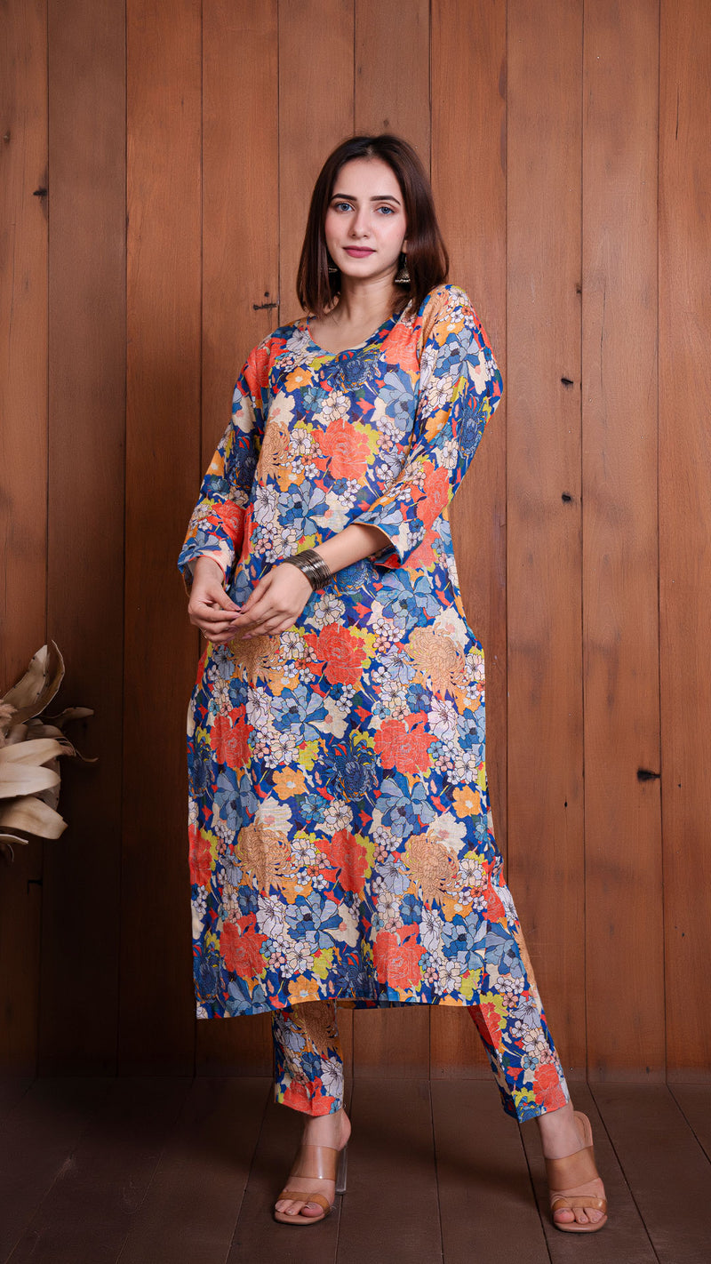 Floral Illusion Pure Linen Kurta - Blue/Multi