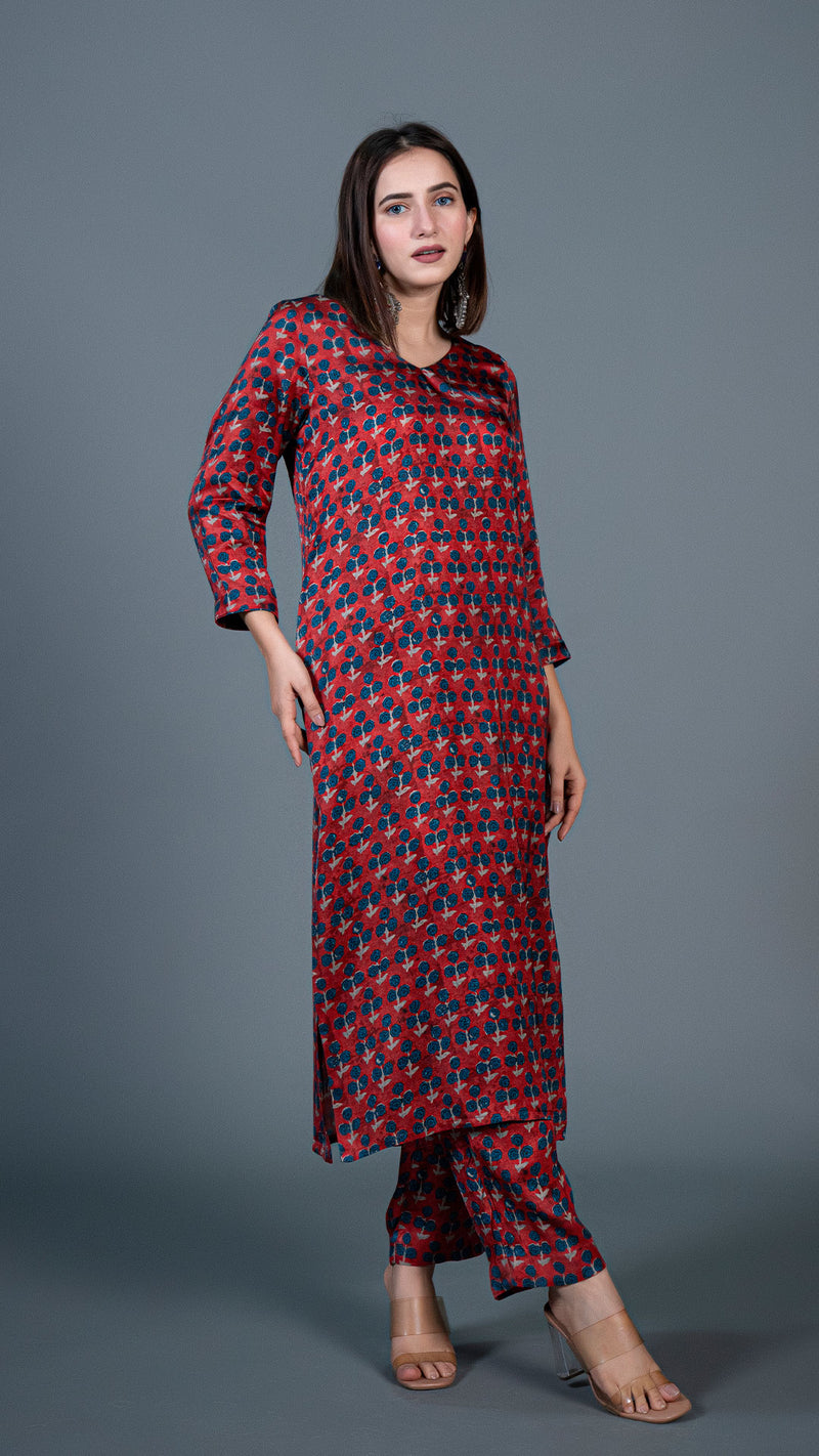 Deep Red Small Flower Print Kurta In Modal Silk