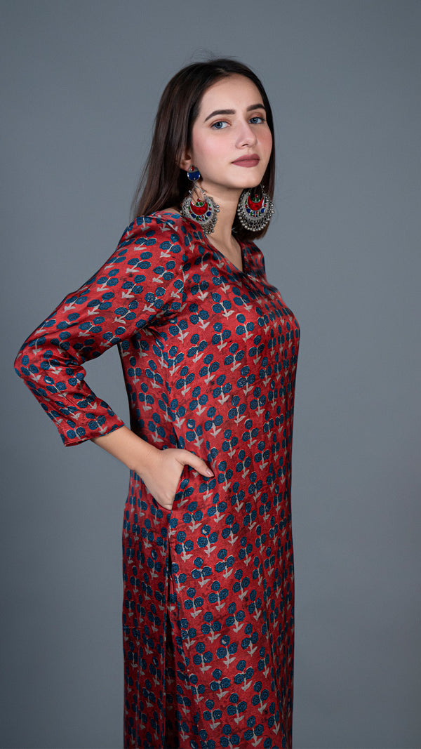 Deep Red Small Flower Print Kurta In Modal Silk