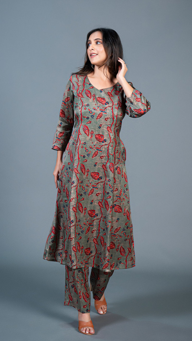 Dusty Green leafy print Kali Kurta In Modal Silk