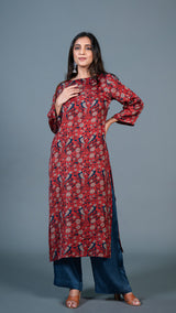 Deep Red Parrot Print Kurta In Modal Silk